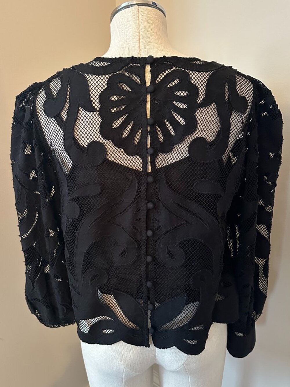 Anthropologie Cutwork Lace Detail Button Back Black Long Sleeve Blouse Medium